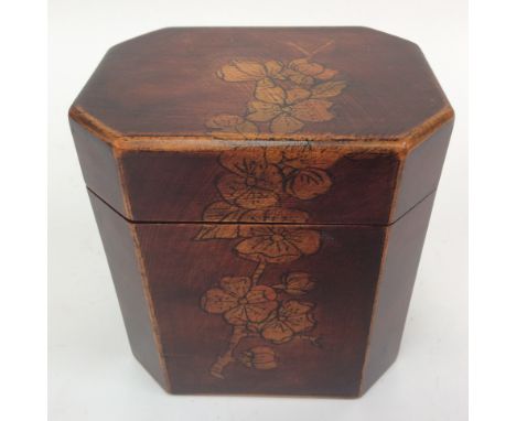 A nineteenth Century, oblong, octagonal tea caddy, with painted decoration to front and top