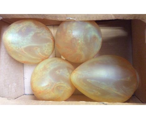 Set of four French Art Deco satin amber, pear shaped glass lamp shades 