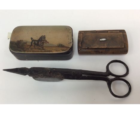 Walnut snuff box inlaid with mother of pearl with hand painted snuff box, 'to be delivered immediately' and a pair of candle 