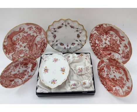 Royal Crown Derby 'Royal Antoinette' plate (seconds) with four 'Red Aves' plates (seconds) and Royal Crown Derby 'Posie' boxe