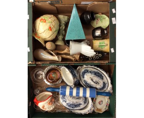 Two boxes of ceramics including TG Green blue and white rolling pin 