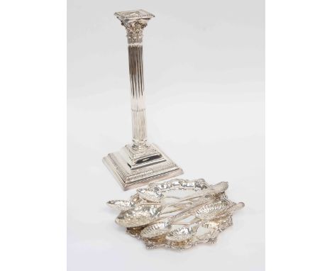 A plated candlestick, flatware, salver and collection of berry spoons