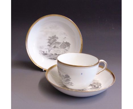 A Spode Tea Cup and  Two Saucers. Black Bat Printed Rural Scenes and gilded rimsCirca  1810Size  Cup  8cm diam  6.5cm high   