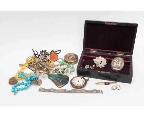 A collection of costume jewellery to include 9ct gold and diamond pin, 9ct faux early Victorian white ceramic floral brooch, 