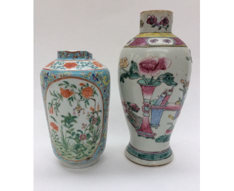 A Chinese famille rose baluster vase, drilled for lamp, with another, 19th Century, 25 cm approx 