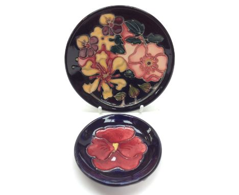 A Moorcroft, boxed, trinket dish, 'Honeysuckle' pattern, together with a small Moorcroft trinket dish, 'Hibiscus' pattern, (s