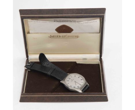 A Jaeger LeCoultre gents watch, steel dial, leather strap 