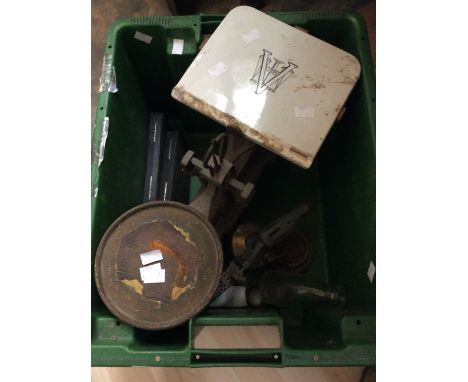 Avery shop weighing scales having ceramic platform, including Ib and oz weights, Pri-Mus brass blow torch, two cased engineer
