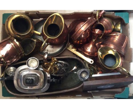 A box of assorted brass and copperware, mostly 19th century and later, including jugs, shoe, pots, teapot, candelabra, 19th c