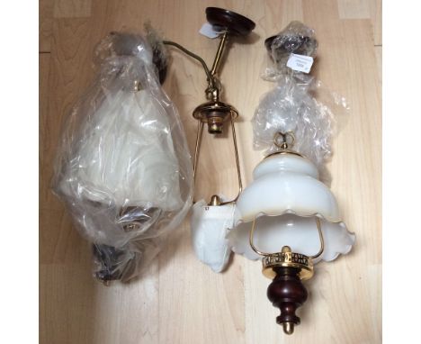 Two wall lamps brass/wood and glass and a ceiling lamp, as new