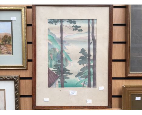 A colour woodcut limited edition print designed and executed by Meryl Watts, North Wales 'Estuary Portmeirian' 1940s signed 4