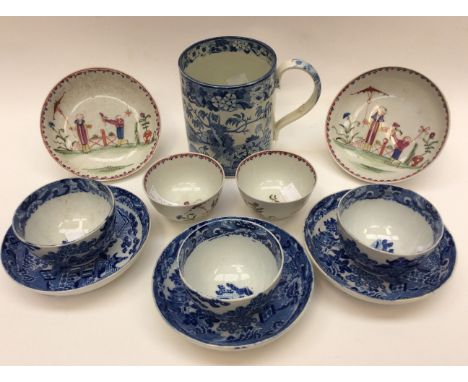 A collection of late 18th Century porcelain, comprising a pair of Chinese tea bowls and saucers hand painted with garden scen