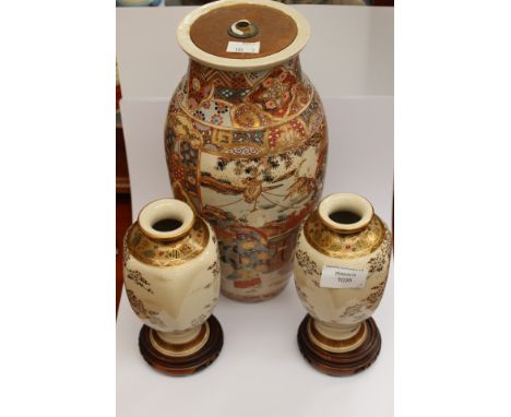 1920s tall Satsuma vase converted to a table lamp a/f 32cm high with a pair of smaller Satsuma ware vases wih hardwood stands