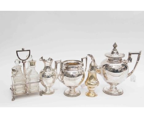 A collection of silver plated items to include cruet set, teapot, sugar sift, milk jug, sugar bowl,  (one box