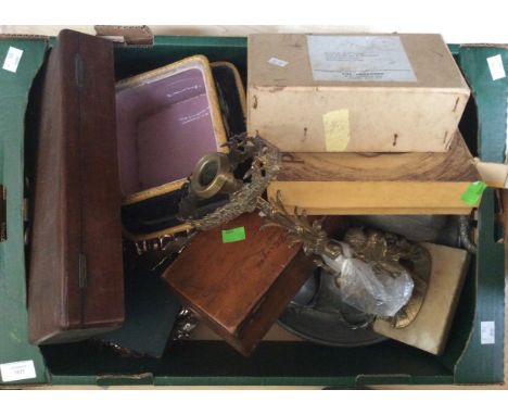 Silver plated items, oil lamp, wooden boxes and pewter 