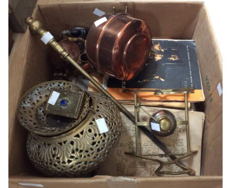 A copper spirit kettle, an Arabian brass hanging lamp shade, a pair of oriental brass vases, a 19th century brass card case w