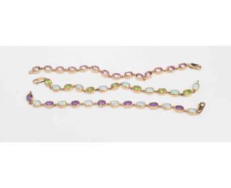 Three nine carat gold rubover set bracelets, two set with synthetic opal, pendant and amethyst (3)