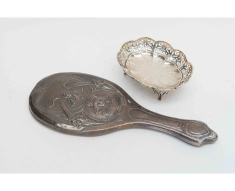 A silver, pierced, oval trinket dish, standing on four foliate feet, Chester 1912, approx weight 1.87ozt, together with an Ar