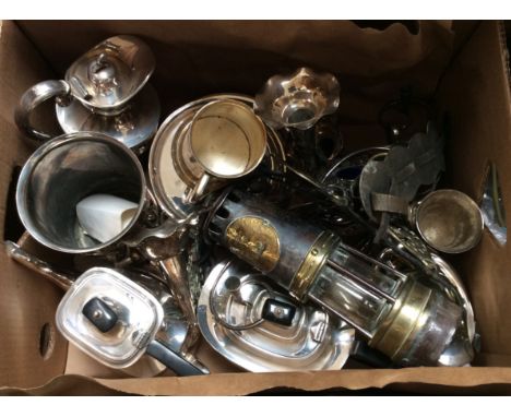 A box of silver plate including tea set; mug; ewer; candelabra; etc; horse brasses; miners lamp 