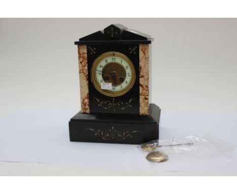 A Victorian slate and pink veined marble bracket clock with incised gilt detailing (pendulum)