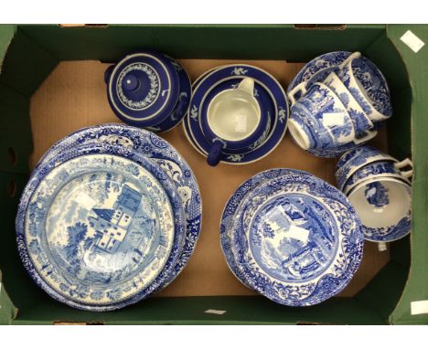 Spode Blue Italian tea/dinner service, Wedgwood dark blue Jasperware and an 18th century blue/white plate (1 box)