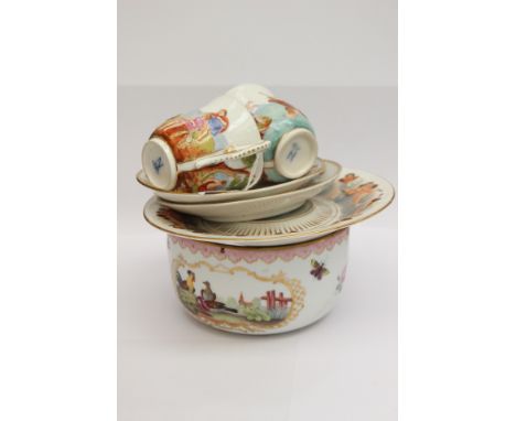 Pair of 19tth Century Capodimonte small coffee cups and sauces decorated with colourful horses and chriots grecian coastal sc
