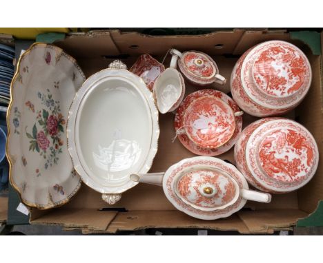 A Royal Crown Derby collection of ceramics, comprising 'Red Aves' teapot, two ginger jars, soup bowl and stand, sugar bowl, m