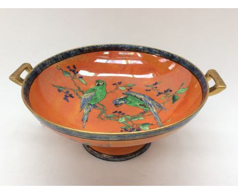 Carltonware lustre footed bowl with hand painted parrot design