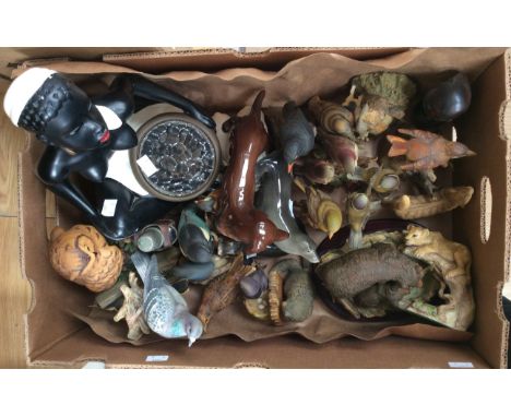 Beswick rams, Russian ornaments, including : a Dashshund dog; two foals; a lamp; Aynsley figures, etc. (one box)