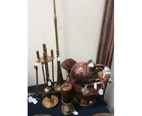 A collection of assorted copper ware, comprising: a copper coal bucket with a swing handle; a copper and brass miners lamp; a