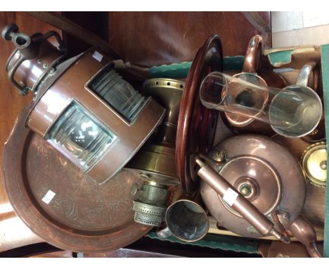 A box of copper wares, chargers, kettle and ship lamp 