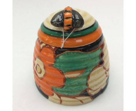 Clarice Cliff for Wilkinson, a Blue Firs beehive honey pot, Bizarre marks, 9cm high