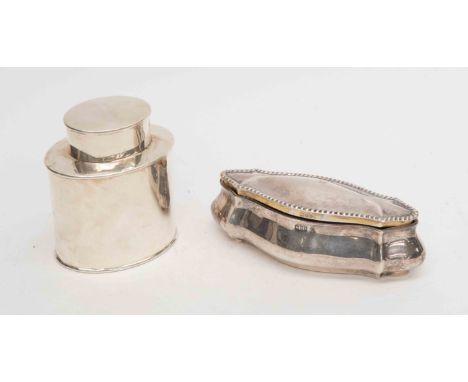 A George V silver tea caddy, Birmingham 1912 and  Walker & Hall Edwardian cartouche shaped box, Chester 1906, total weight 21