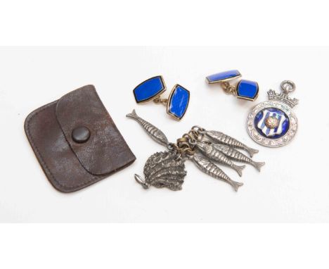 A pair of silver hallmarked engine turned blue and black enamelled chain cufflinks, 1930s silver hallmarked enamelled footbal