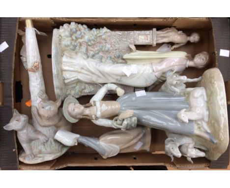 Zaphir (Spain) figures: Shepherdess (a.f), Girl by a wall (a.f.), Girl selling bread, and Lamp base having kittens chasing bu