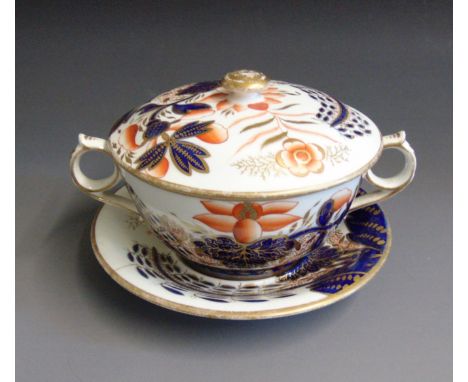 A Spode Broth Bowl Cover and Trembulese   Stand,  Imari Style decoration  Patt 2214Circa  1815-20Size . Bowl & Cover  19cm di