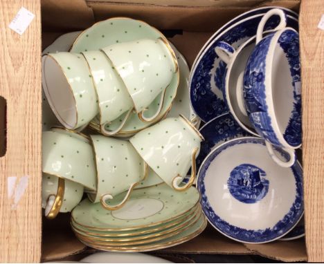 Six blue and white Wedgewood 'Ferrara' soup bowls and saucers. Together with a twenty (20) piece Adderley bone china tea serv