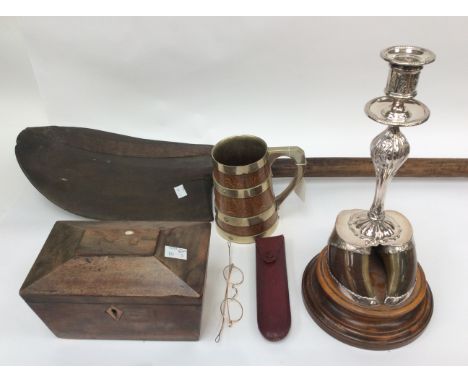 Victorian tea caddy, plated candlestick on hoof, flagon, plated specs and hopps shovel 