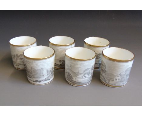 Six Spode Coffee Cans , Each printed with rural scenesCirca  1820-30Size  6.5cm diam  6.5cm highCondition;  Sprung crack to o