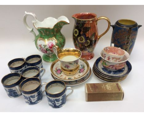 Six Booths blue and white coffee cans and saucers, along with German gilt cup and saucer, Maling ware, Doulton vase and other