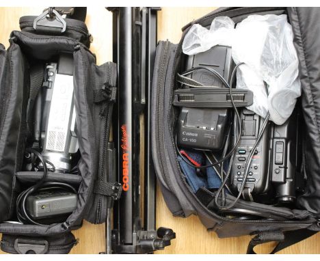 A Panasonic 500X digital zoom progressive camcorder with accessories and bag, together with a Canon Canovision E60 camcorder,