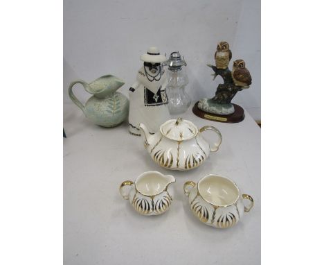 Signed figure, Foreign owl figurine, jug, glass oil lamp and part tea set