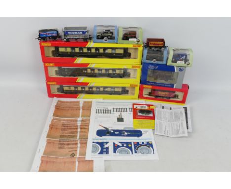 Hornby - Oxford. A selection of 12 loose and boxed coaches, rolling stock and 1:76 scale die cast cars to include: 3 x boxed 