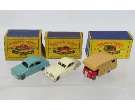 Matchbox - Lesney - Moko - Three boxed Matchbox regular wheel diecast vehicles. Lot consists of Matchbox #32 Jaguar XK140 (of