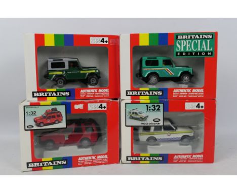 Britains - Land Rovers - 1:32 scale. A selection of Four boxed Land Rover appearing in Excellent condition with scuffs and st