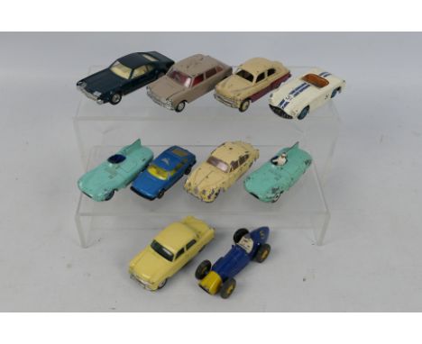 Spot-On - Dinky Toys - Corgi Toys - A fleet of 10 unboxed diecast model cars. Lot includes Dinky #238 Jaguar D-Type (spun hub