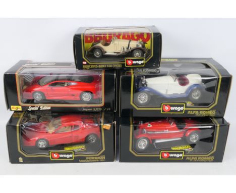 Maisto, Burago - 4 x 1:18 and 1 x 1:24 scale boxed die-cast Maisto and Burago vehicles - Lot includes a 1:18 #31807 1992 Jagu