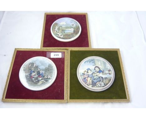 Three prattware pot lids Youth and Age, Hunting and fish market