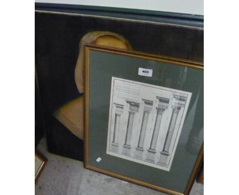 A pair of framed prints, continental scenes, architectural print and oil on canvas maiden