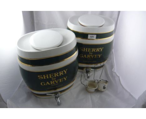 Two ceramic sherry barrels and cups, 31cm high